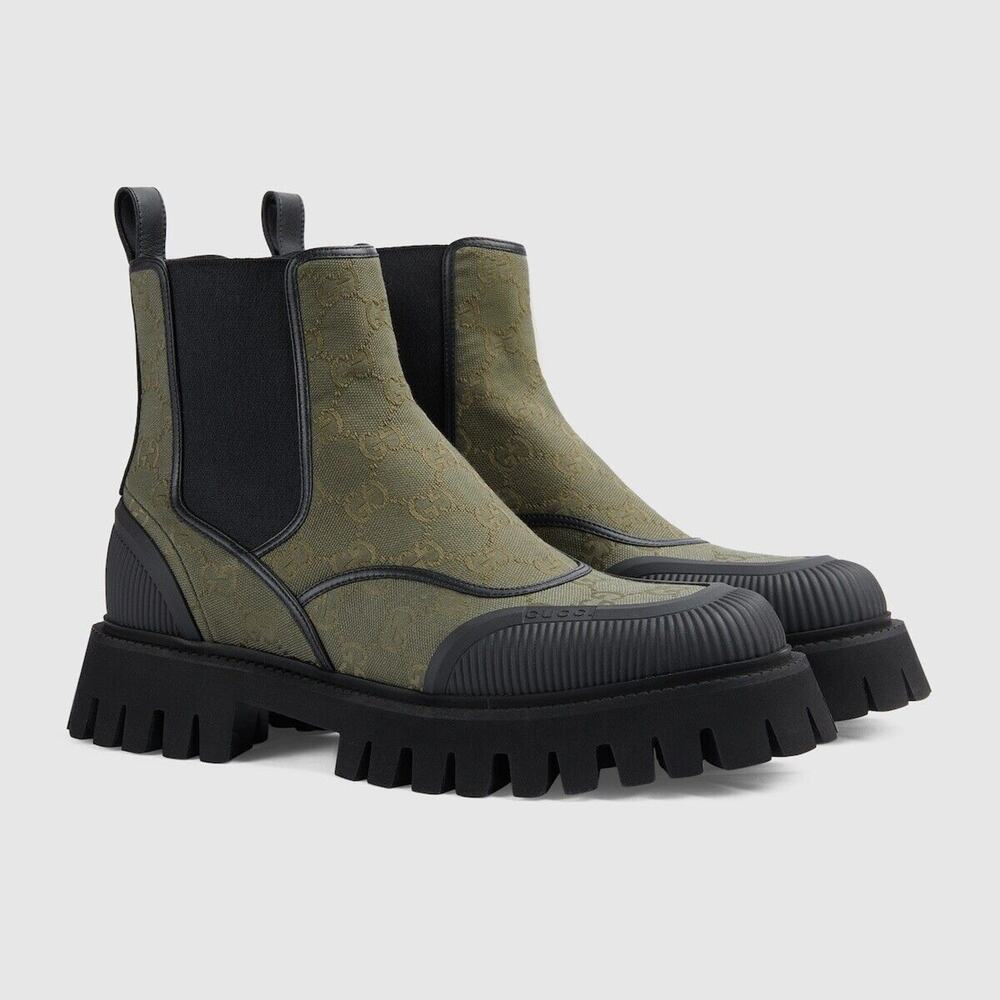 Gucci GG Jacquard Canvas Ankle Chelsea Boots Green Black 10.5/US 11 NIB $1,150